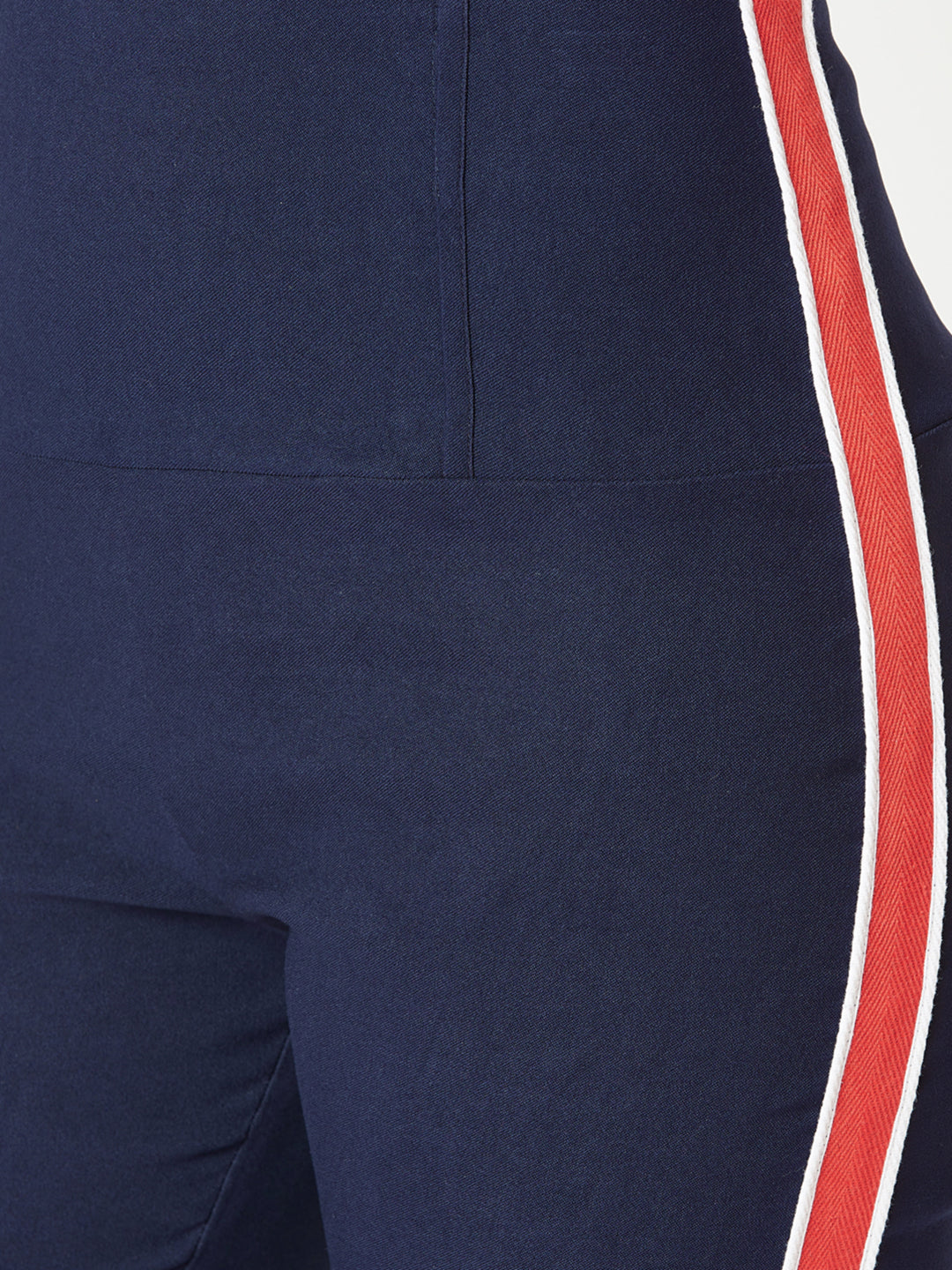 Women's Navy Blue Solid Skinny Knitted Twill Tape Detailing Regular Length High Waist Jeggings