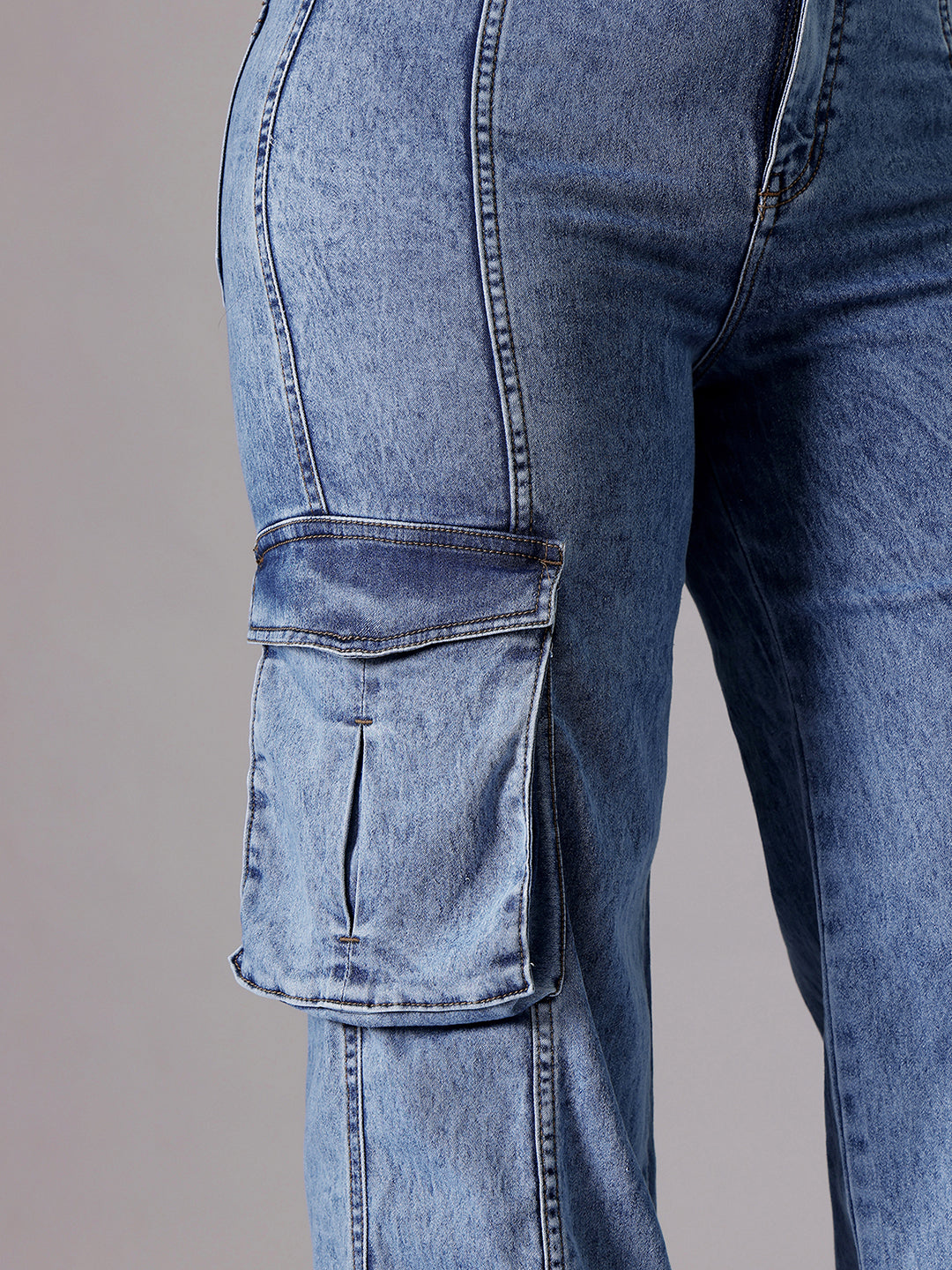 24/7 Comfort Blue Wide-Leg High-Rise Clean-Look Regular-Length Stretchable Patch-Pocketed Denim Jeans