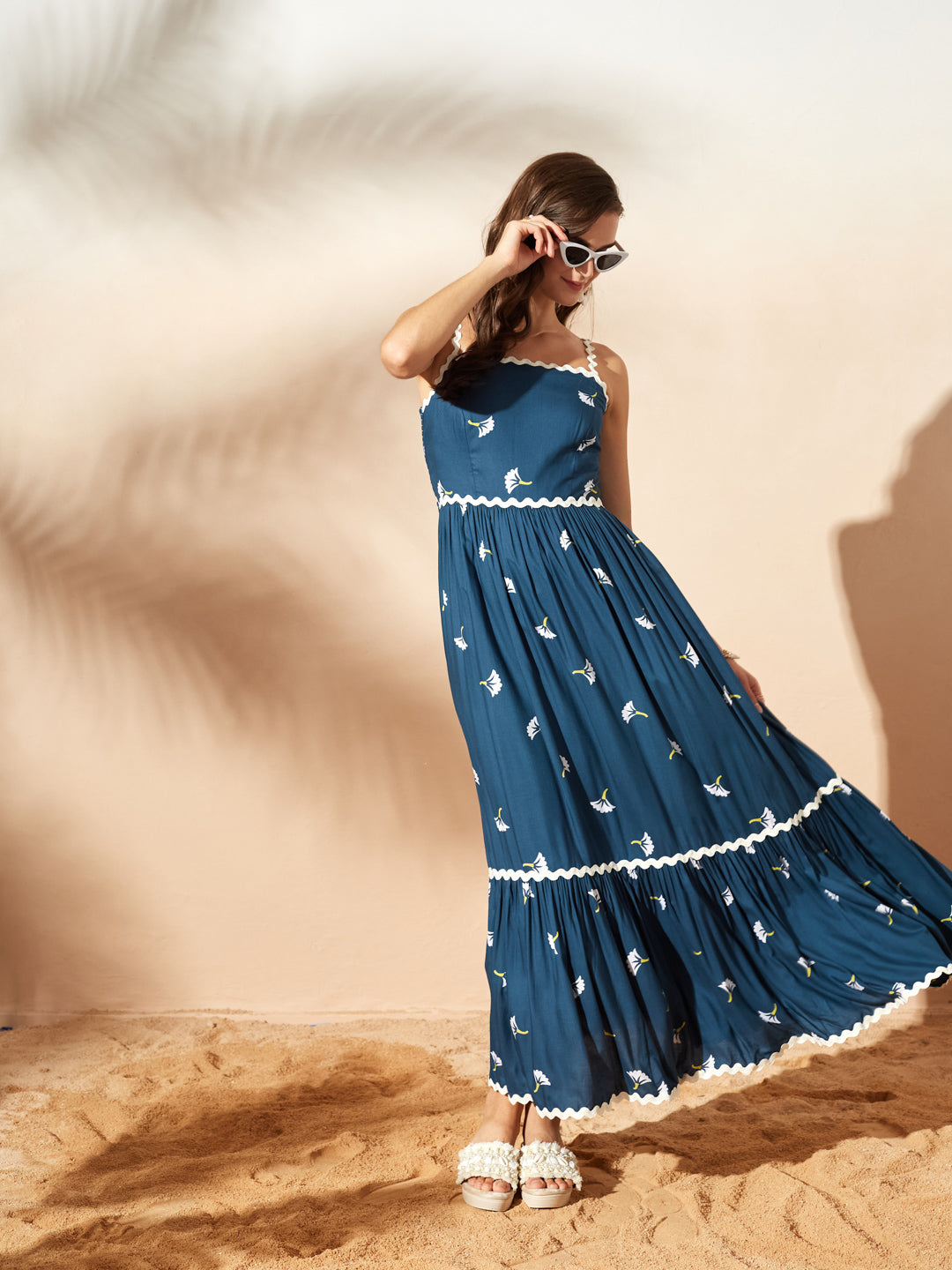 Teal Bohemian Multicolored Tiered Maxi Dress with Square Neck and Smocked Back for Women