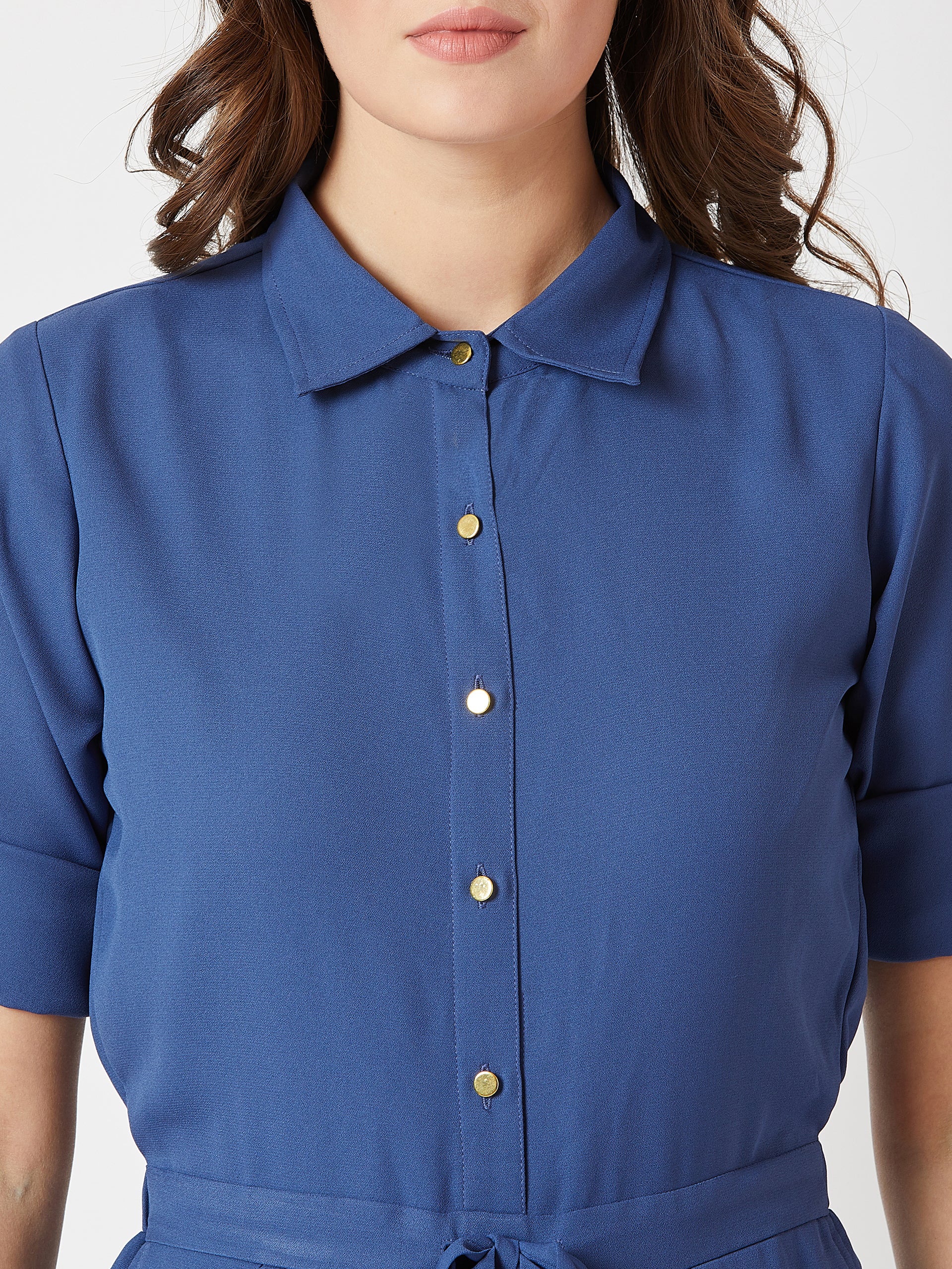 Azure Blue Collared 3/4 Sleeves Collared Tie-Up Detailing Solid Straight-Fit Leg Jumpsuit for Women — Miss Chase