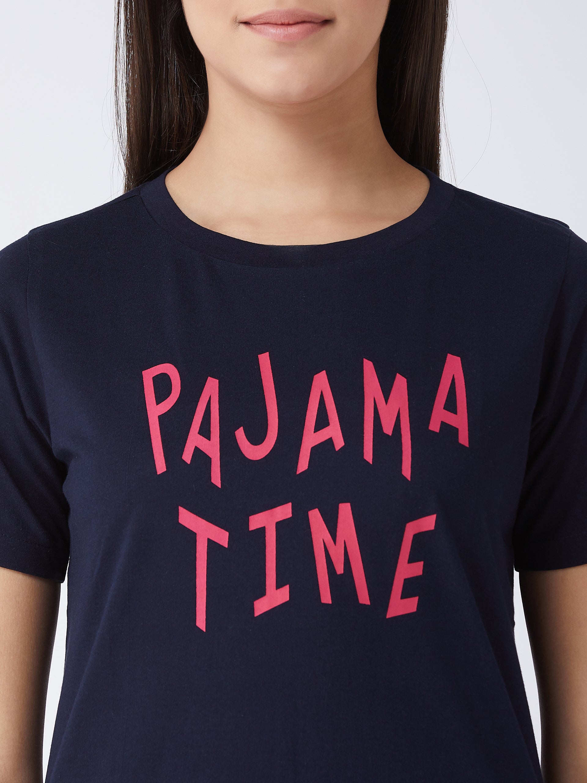 Women's Navy Blue Round Neck Short Sleeves Regular Length Printed T-shirt