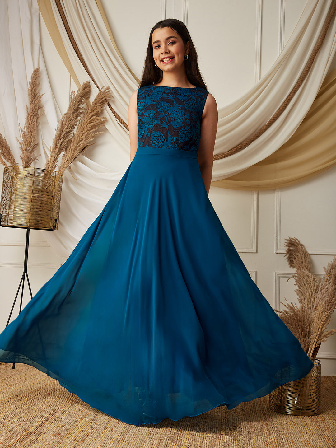 Royal Blue Round-Neck Sleeveless Floral Lace-Overlaid Fit & Flare Georgette Maxi Dress