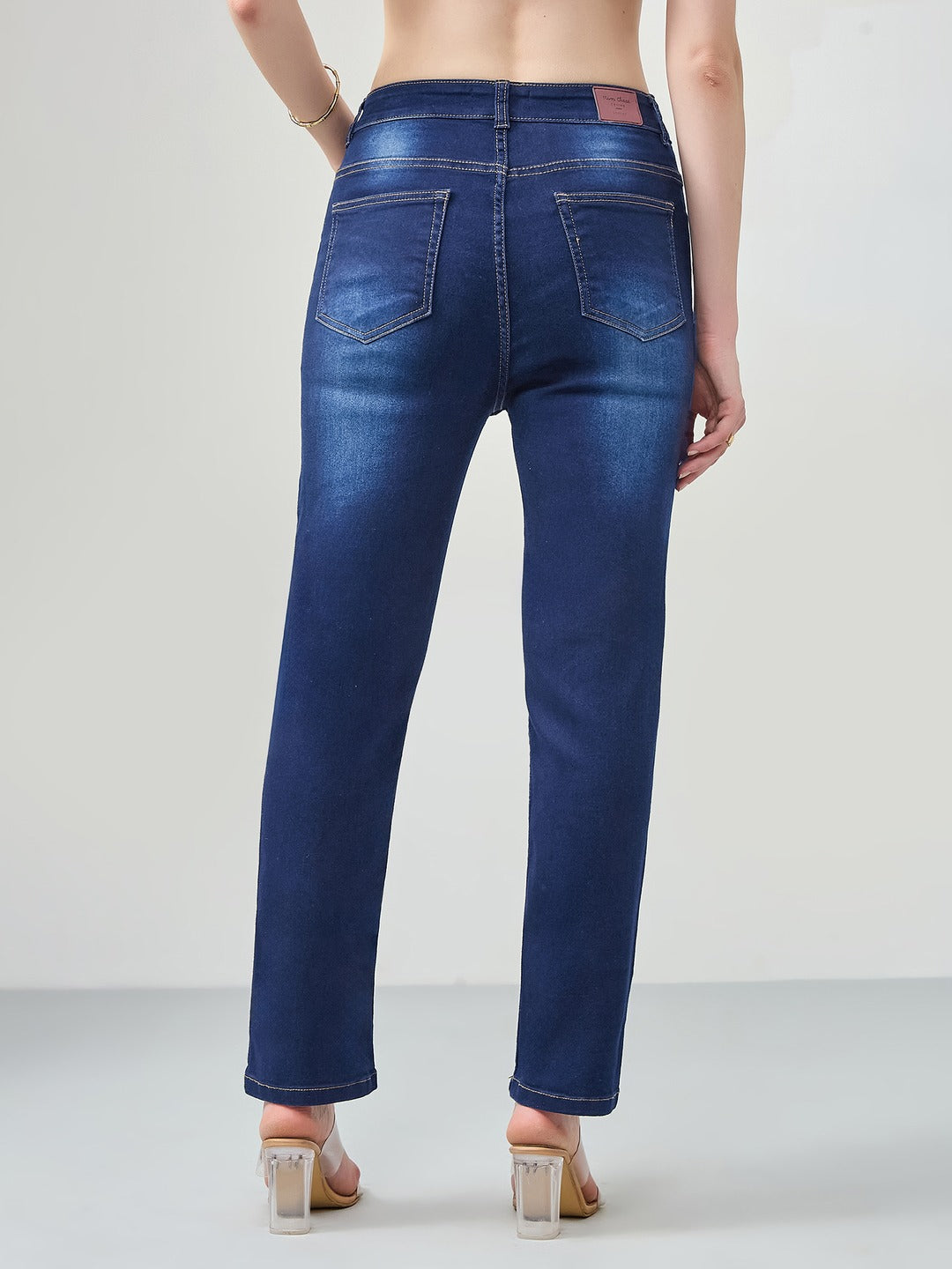 Mid-Rise Navy Blue Semi-Straight Fit Stretchable Jeans with Whiskering & Dark Wash Finish for Women