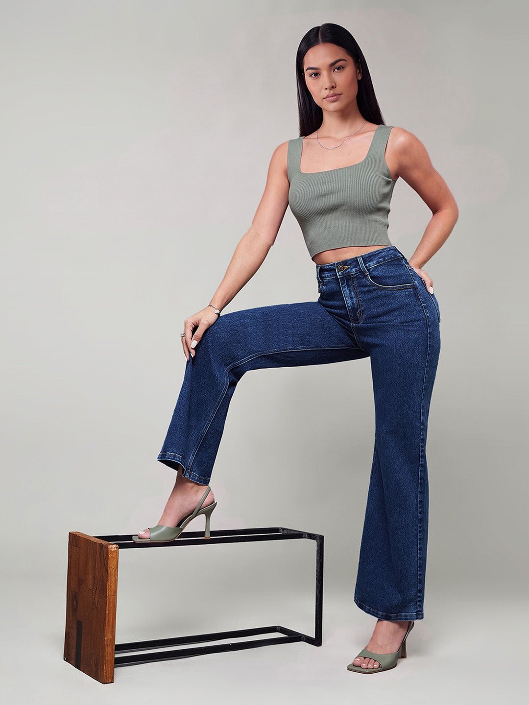 Mid Blue Wide-Leg High-Rise Stretchable Denim Jeans for Women