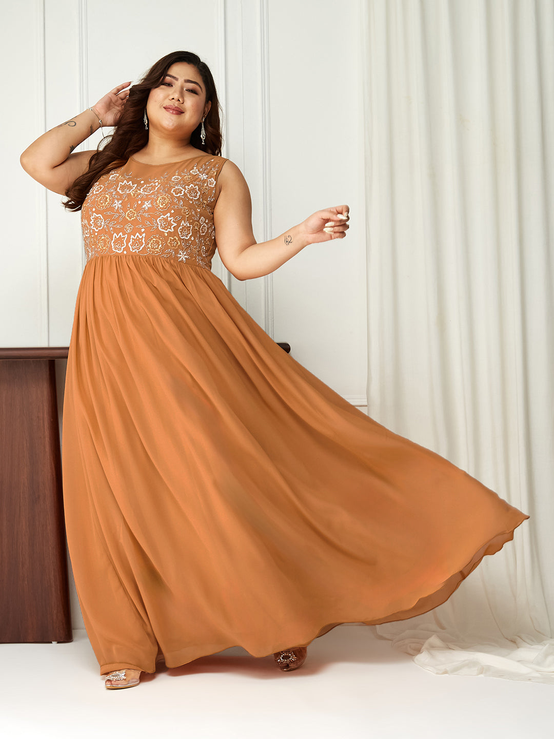 Dusty Orange Sleeveless Fit and Flare Sequinned Maxi Dress Long Dress Frock for Women