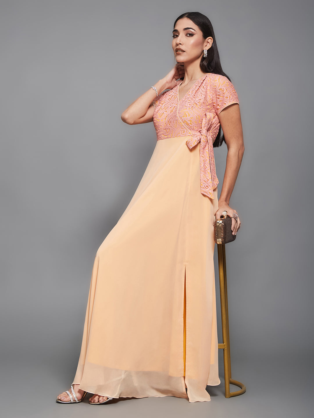 Women's Peach Wrap-Styled Short Sleeve Self-Designed Maxi Georgette Dress