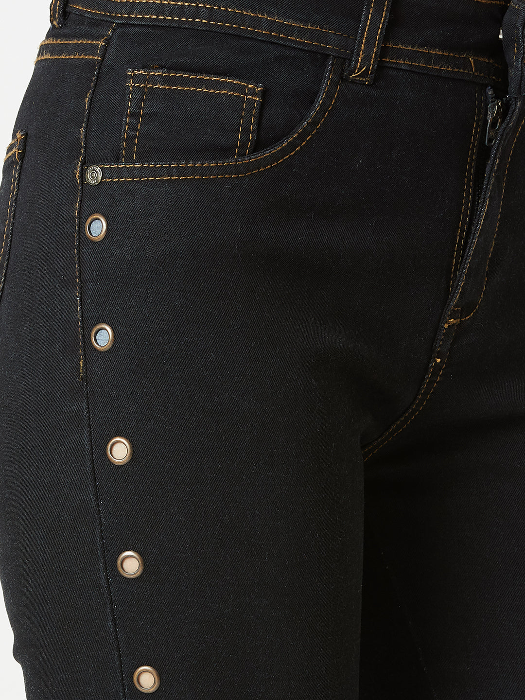 Women's Black Skinny High-Rise Side-Slit Solid Eyelet Embellished Cropped-Length Stretchable Denim Jeans