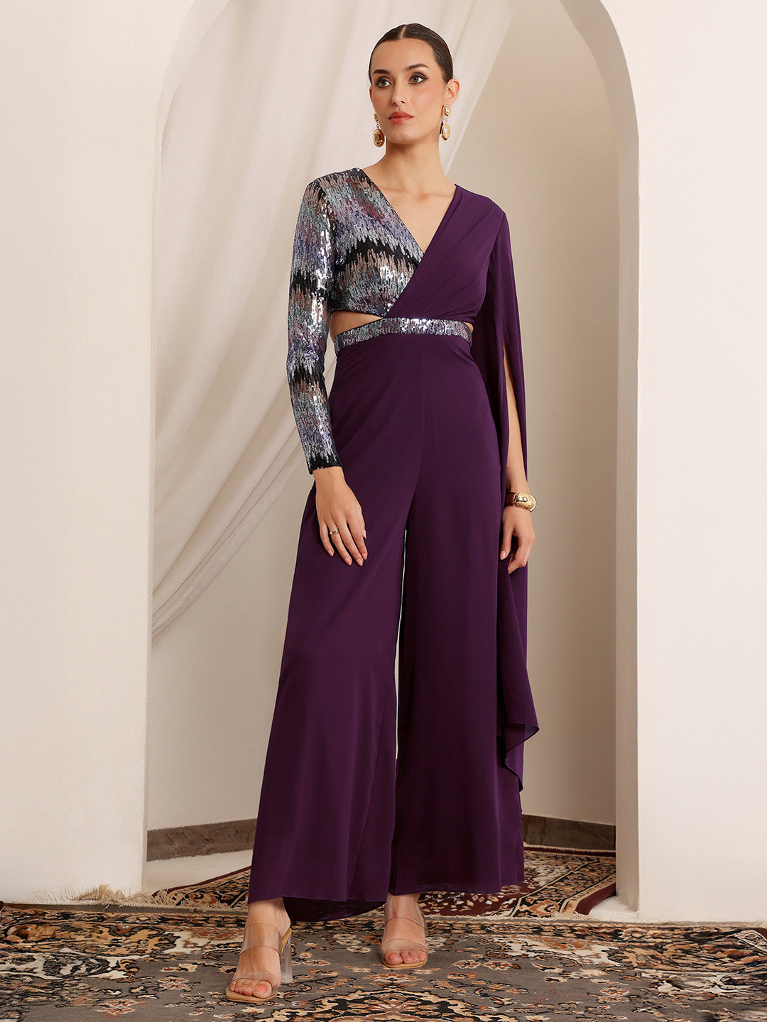 Women's Dark Purple V-Neck Asymmetric Embellished Georgette Jumpsuit