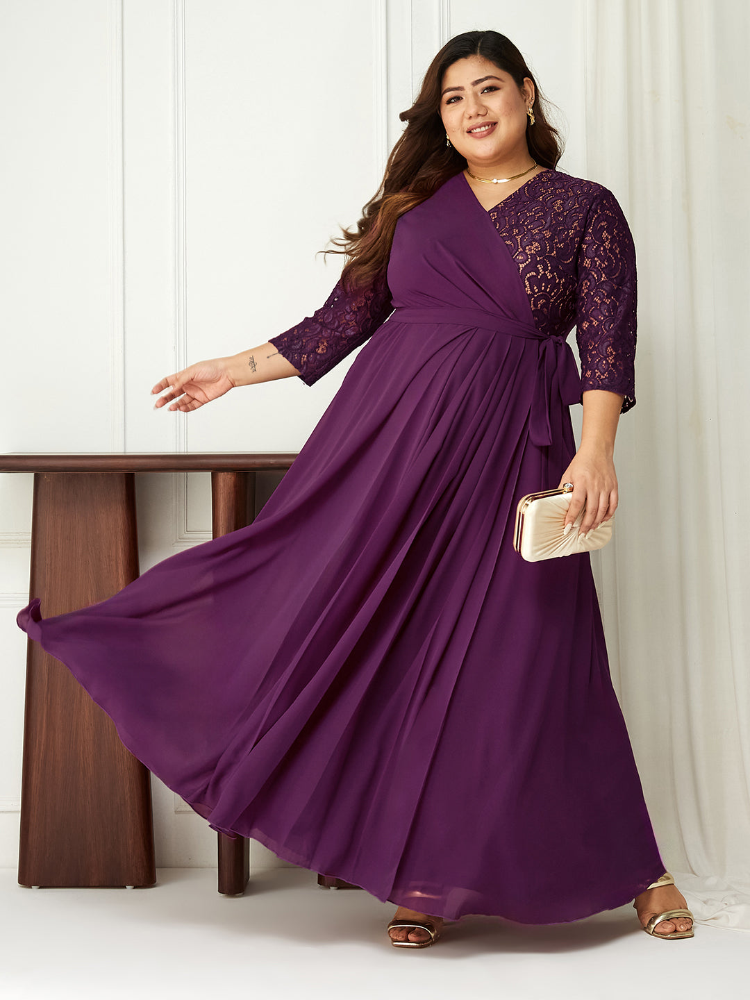 Dark Purple Colored V-Neck Three-Quarter Sleeve Self-Designed Wrap Maxi Georgette Dress for Women