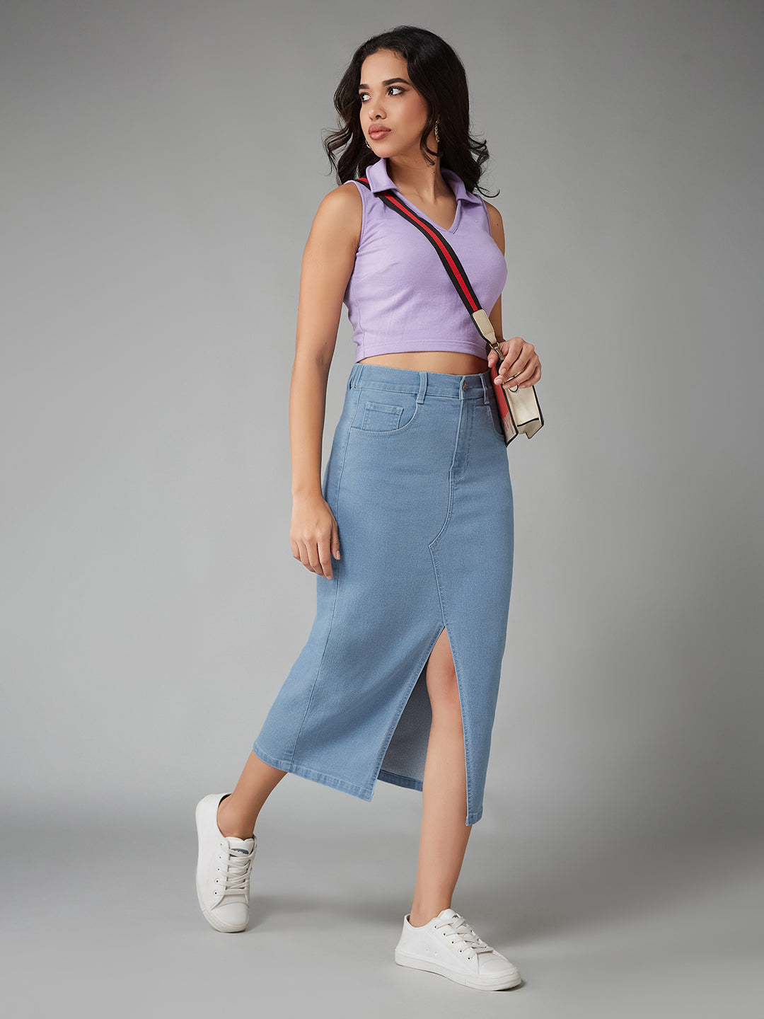 Women's Light Blue Straight-Fit High-Rise Clean-Look Stretchable Denim Midi Skirt