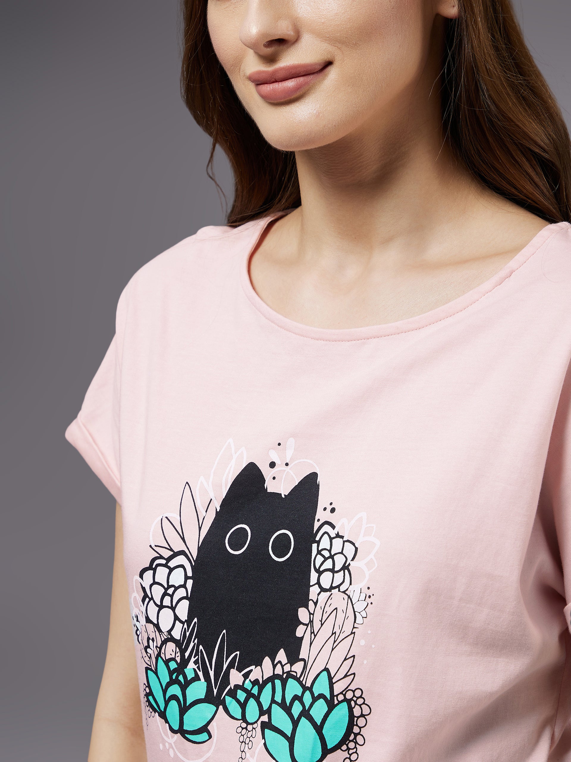 Women's Light Pink Cotton Solid Regular Length Round Neck Short Sleeves Loungewear T-shirt