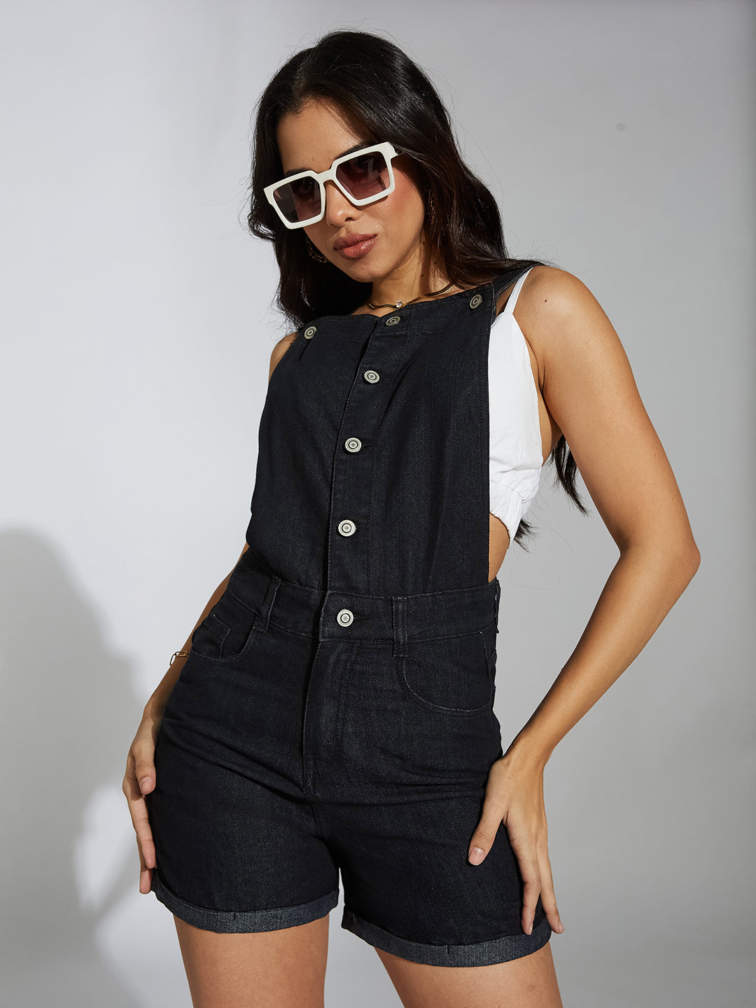 Women's Black Non-Stretchable Solid Mid Rise Denim Dungarees