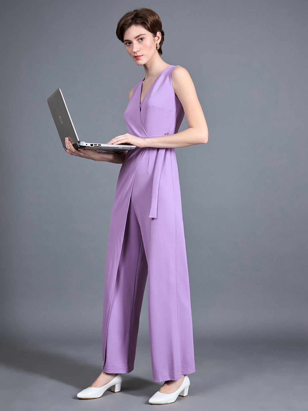 Women's Light Lavender V-Neck Sleeveless Solid Wrap Regular Length Jumpsuit