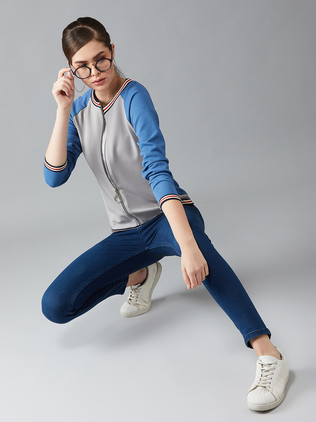 Women's Multicolor-Base Azure Blue Round Neck Full Sleeves Solid Boxy Color-blocked Regular Length Jacket