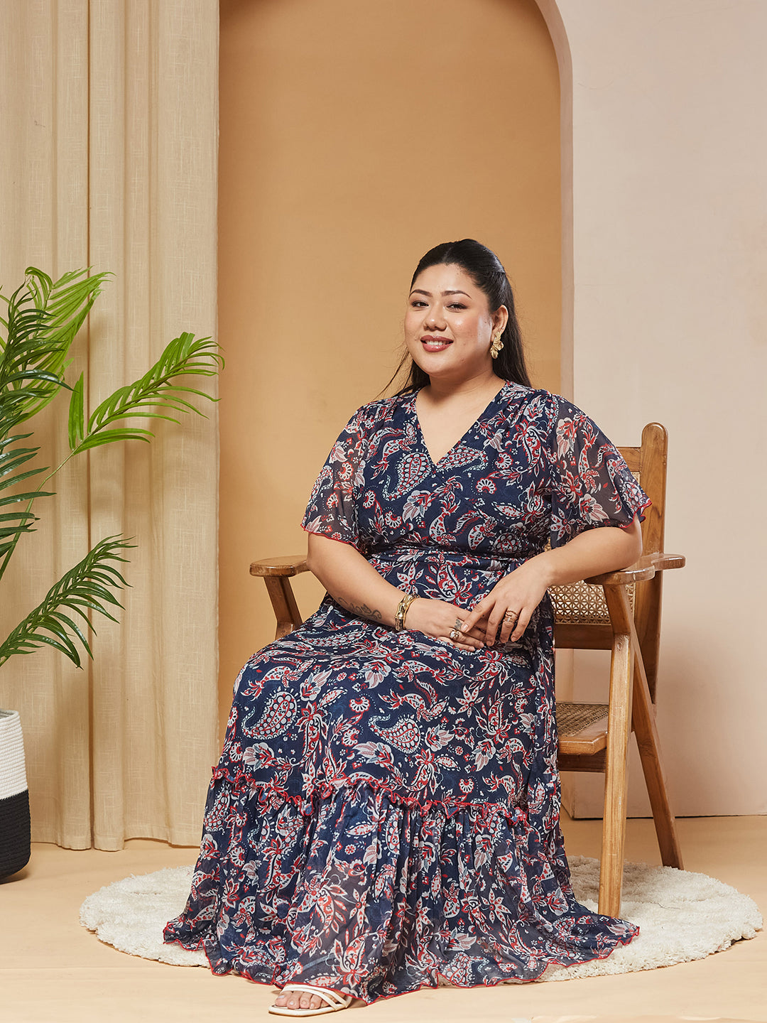 Multicolored Navy Floral Wrap Chiffon Maxi Dress with Flutter-Sleeves & Frilled Hem for Women