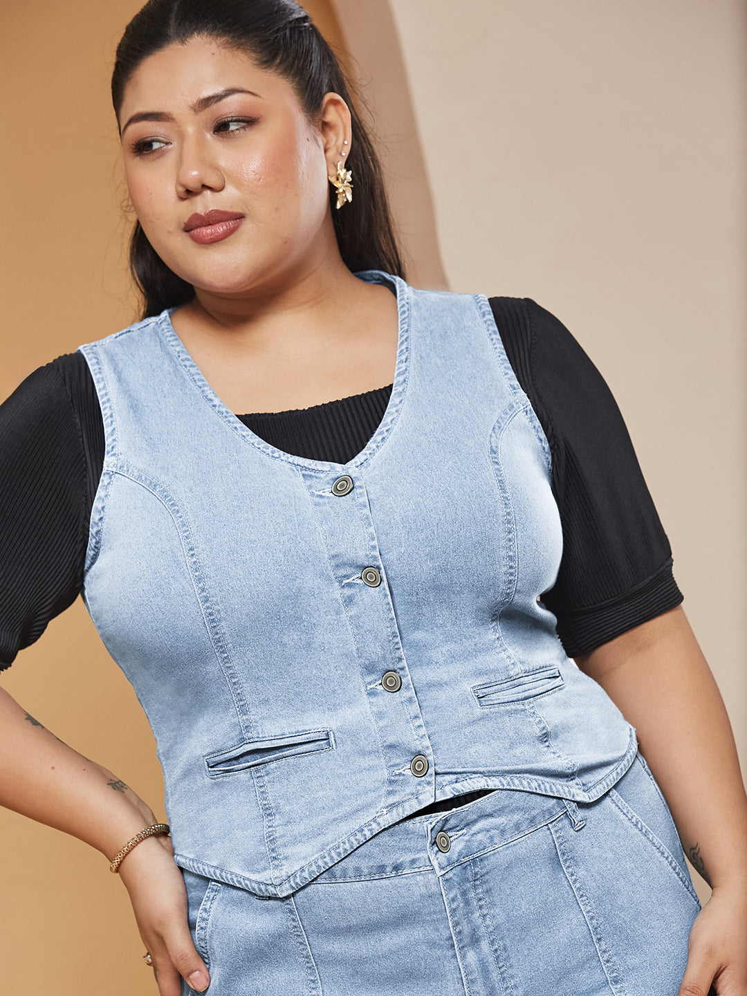 Light Blue Wide-Leg High Rise Stretchable Light-weight Denim Co-Ord Set for Women