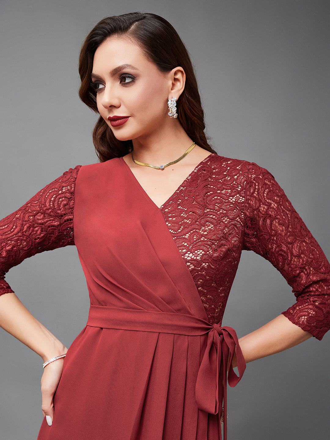 Women's Brick Red V-Neck 3/4 Sleeve Self-Designed Wrap Styled Georgette Maxi Dress