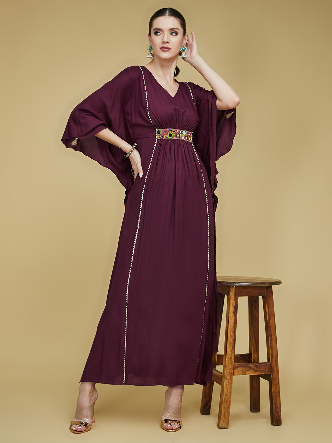 Wine Red Kaftan Dress with Multicoloured Embroidered Belt for Women