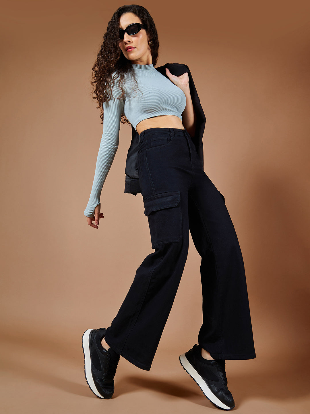 24/7 Comfort Black Wide-Leg High-Rise Cargo Stretchable Denim Jeans