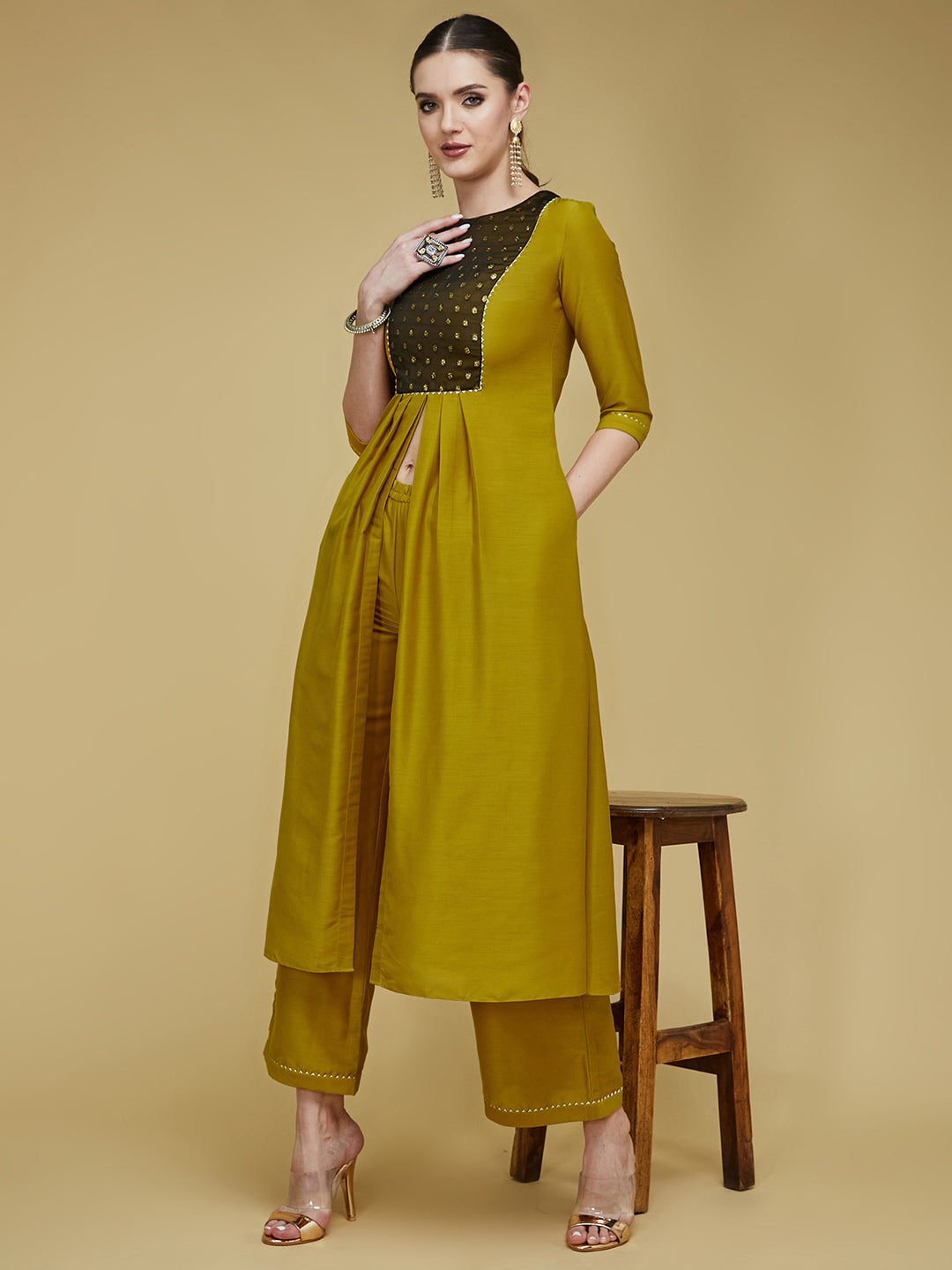 Women's Mustard Round Neck 3/4 Sleeve Self-Designed Pleated Regular-Length Polyester Kurta Set