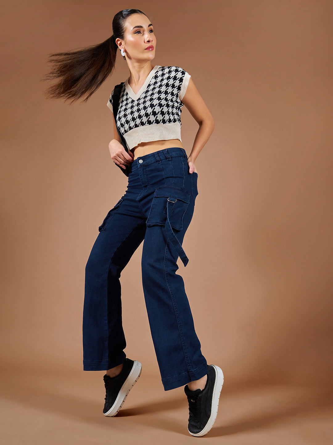 24/7 Comfort Navy-Blue Bell-Bottom Bootcut Hourglass High-Rise Stretchable Denim Jeans