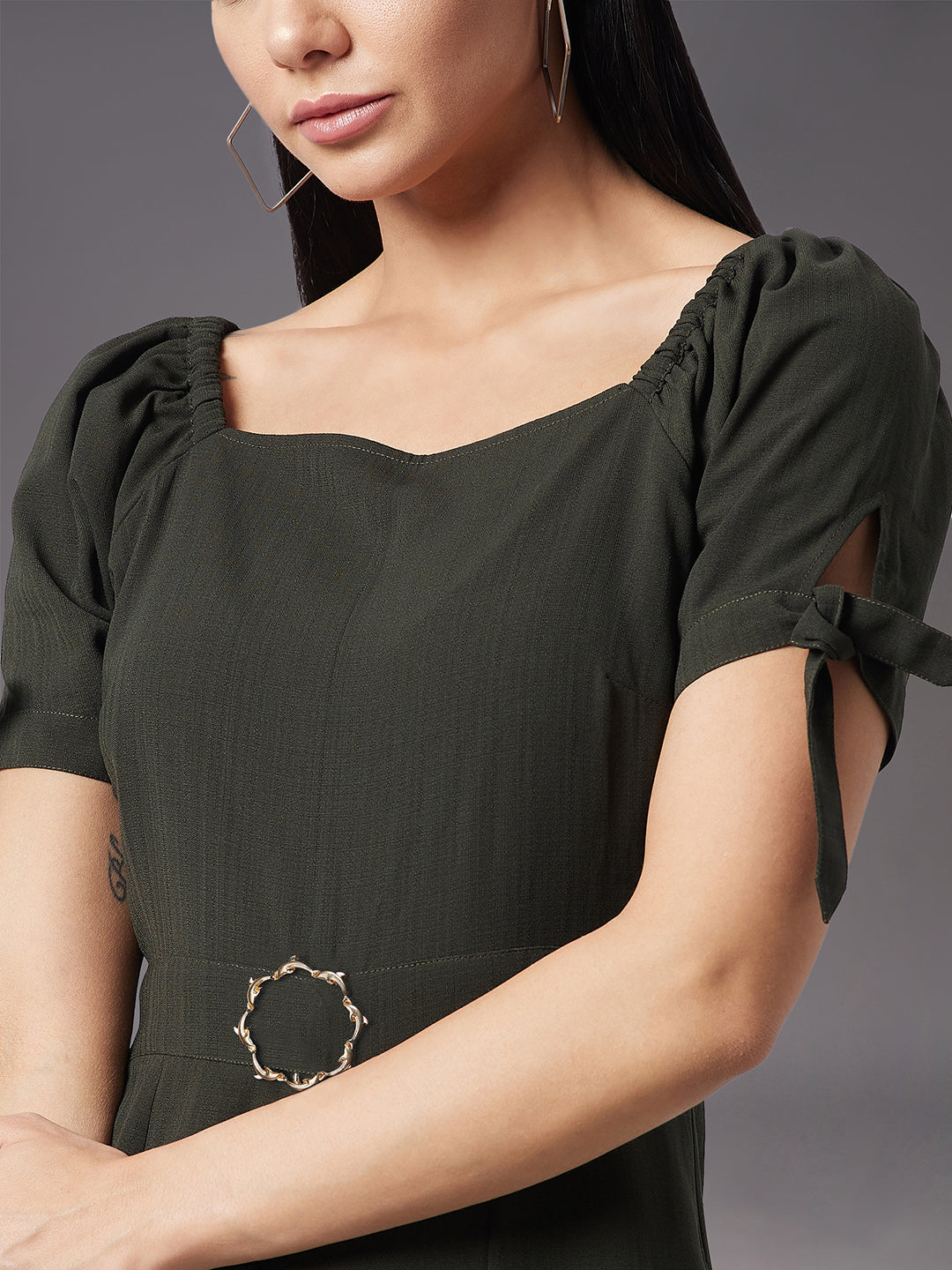 Women's Dark Green Square neck Puff sleeve Solid Wide-Leg Regular Jumpsuit