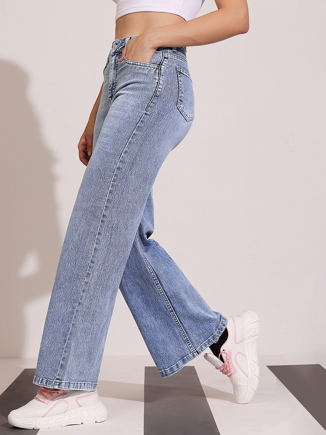 CHASEshape™ Women's Light Blue High-Rise Clean-Look Regular-Length Stretchable Denim Wide Leg Shaping Jeans