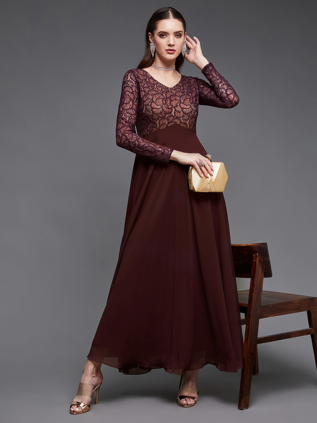 Women's Wine V-Neck Full Sleeve Self Design Lace-Overlaid Georgette Maxi Dress