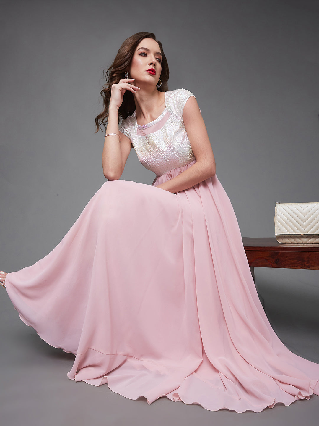 Dusty Pink Cap Sleeves Fit and Flare Maxi Dress Long Dress Frock for Women