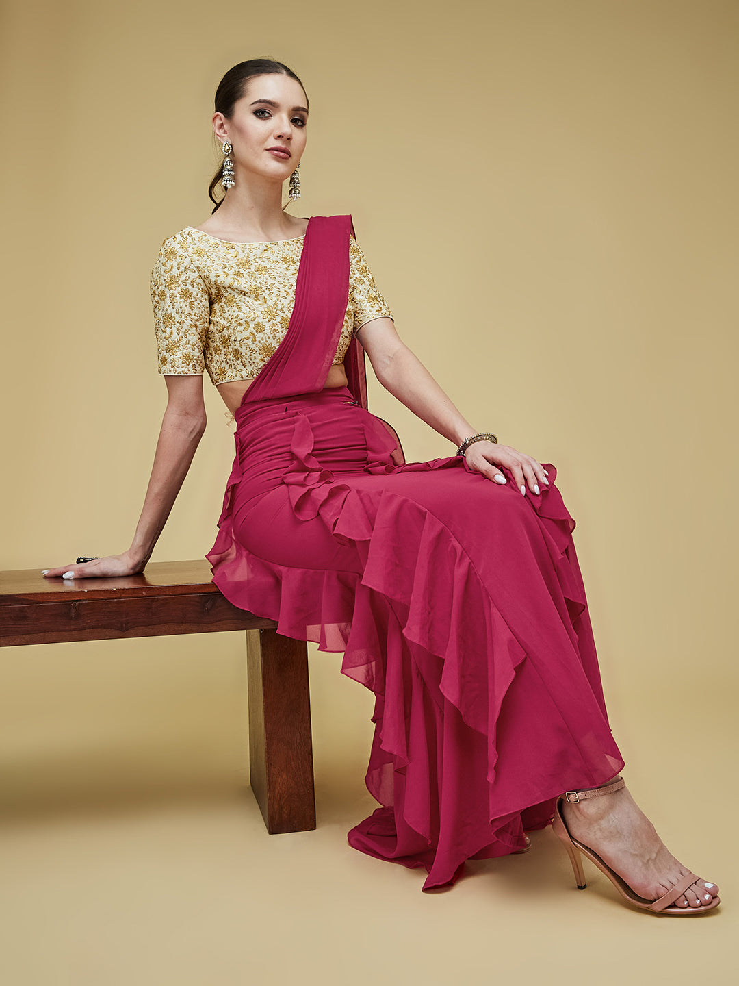 Women's Dark Pink Embroidered Boat Neck Half Sleeves Front Pocketed Frilled Maxi Co-Ord Set