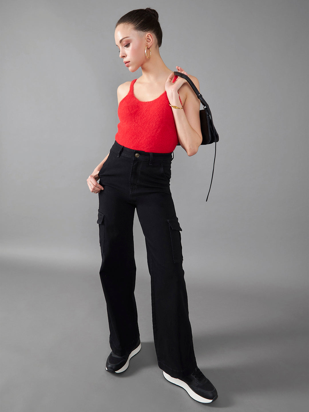 Women's Black Wide-Leg High-Rise Clean-Look Regular-Length Stretchable Denim Jeans