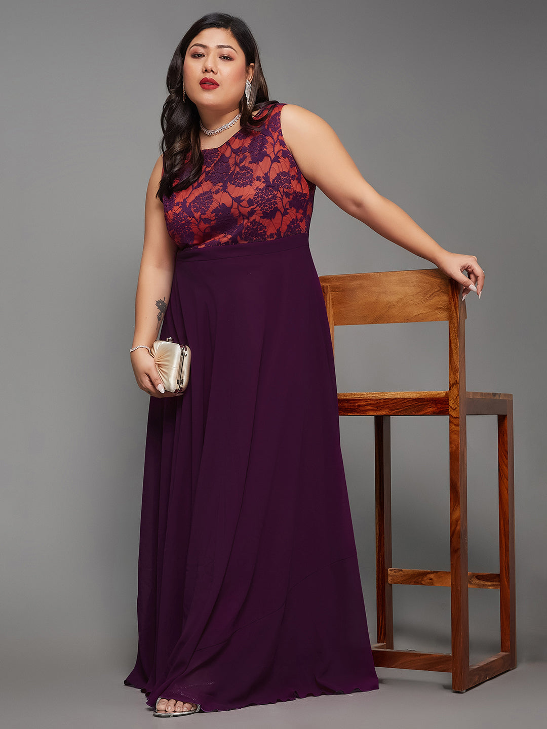 Body Bliss Dark Purple Georgette & Lace Floral Fit & Flare Maxi Dress