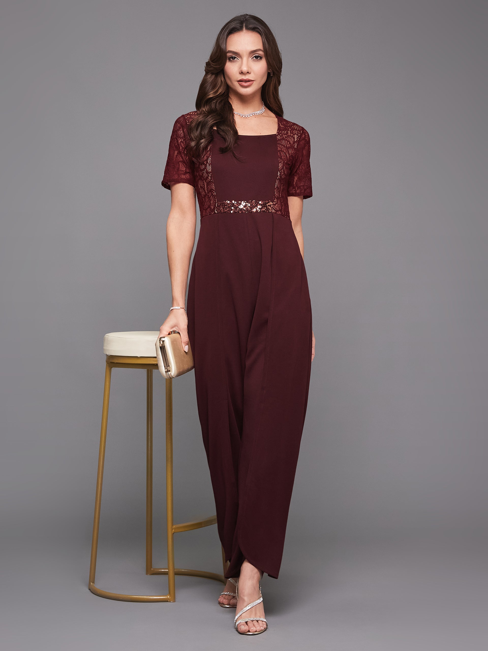 Women's Wine Square Neck Half Sleeve Self-Designed Panelled Regular-Length Polyester Jumpsuit