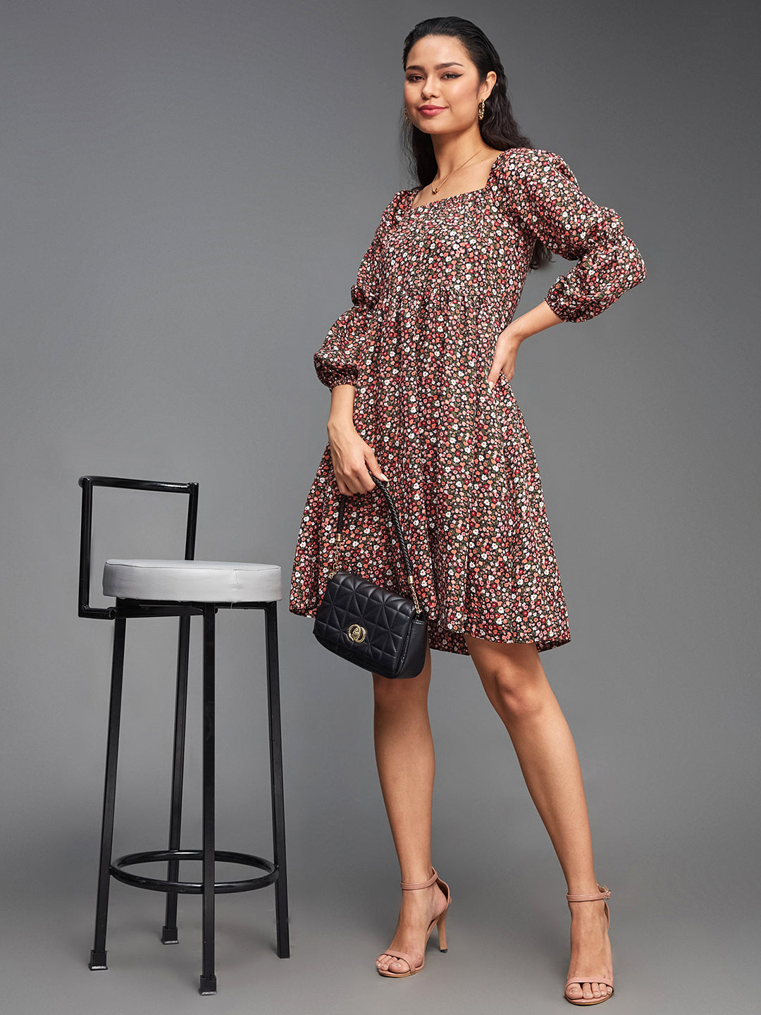 Women's Multicolored-Base-Black Square Bishop Sleeve Viscose Rayon Floral Gathered Above Knee Dress