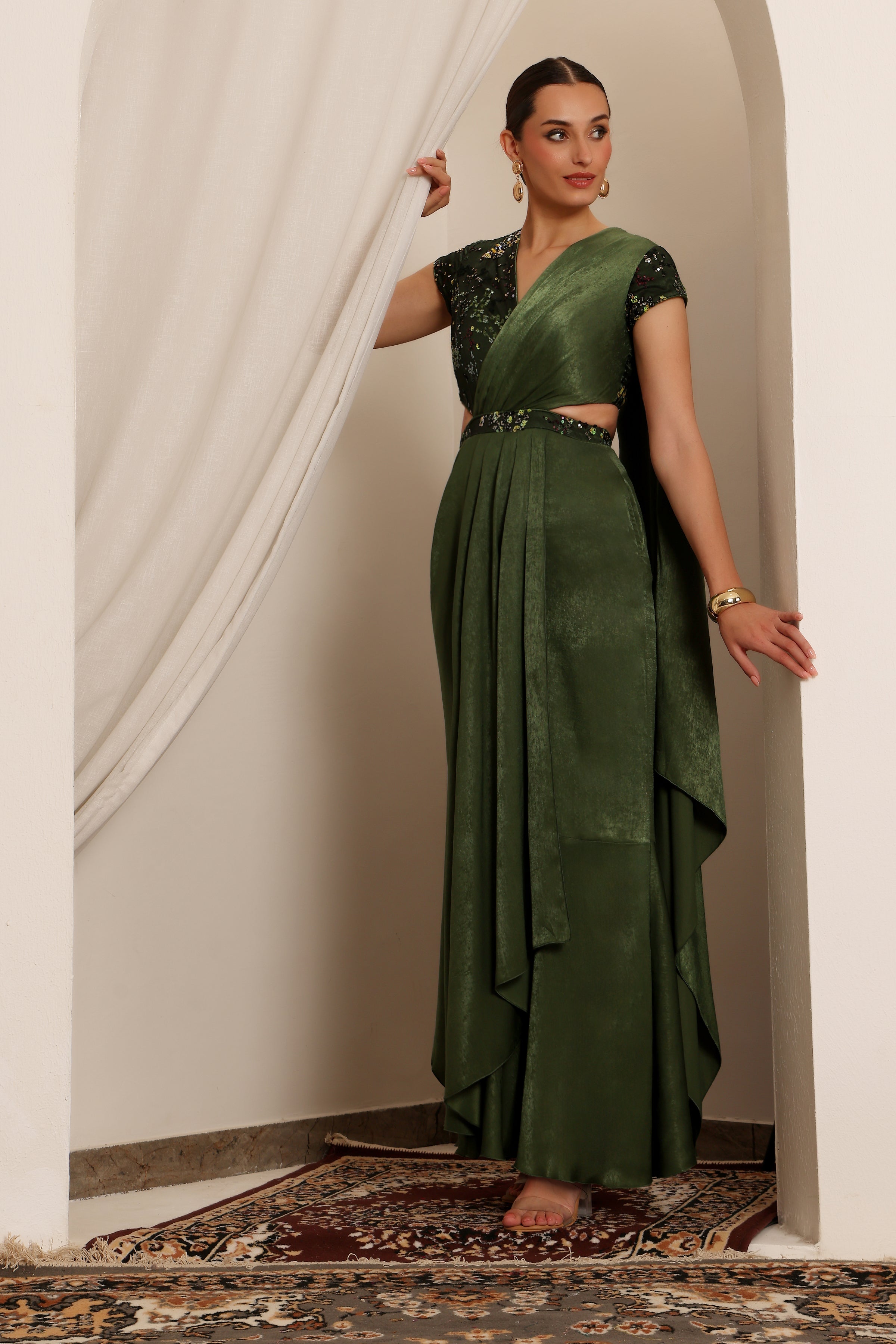 Women's Olive V-Neck Short-Sleeve Embellished Draped Maxi Velvet Dress