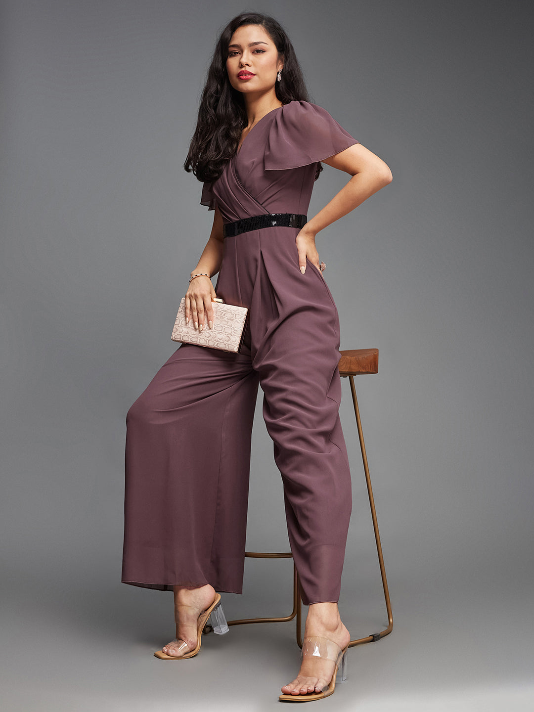 Women's Mauve Solid Relaxed Fit Short Sleeve V-Neck Ankle-Length Straight Jumpsuit