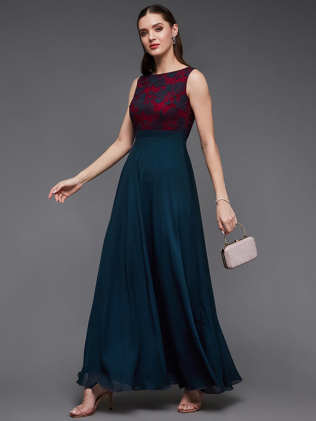 Teal Sleeveless Fit and Flare Lace Dress for Women