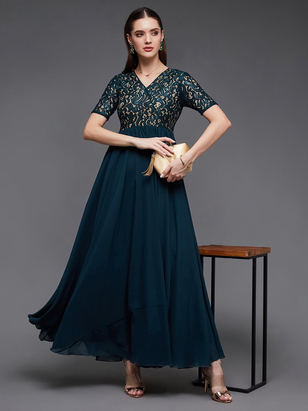 Teal V-Neck Half Sleeve Self Designed Wrap Georgette Maxi Dress for Women — Miss Chase