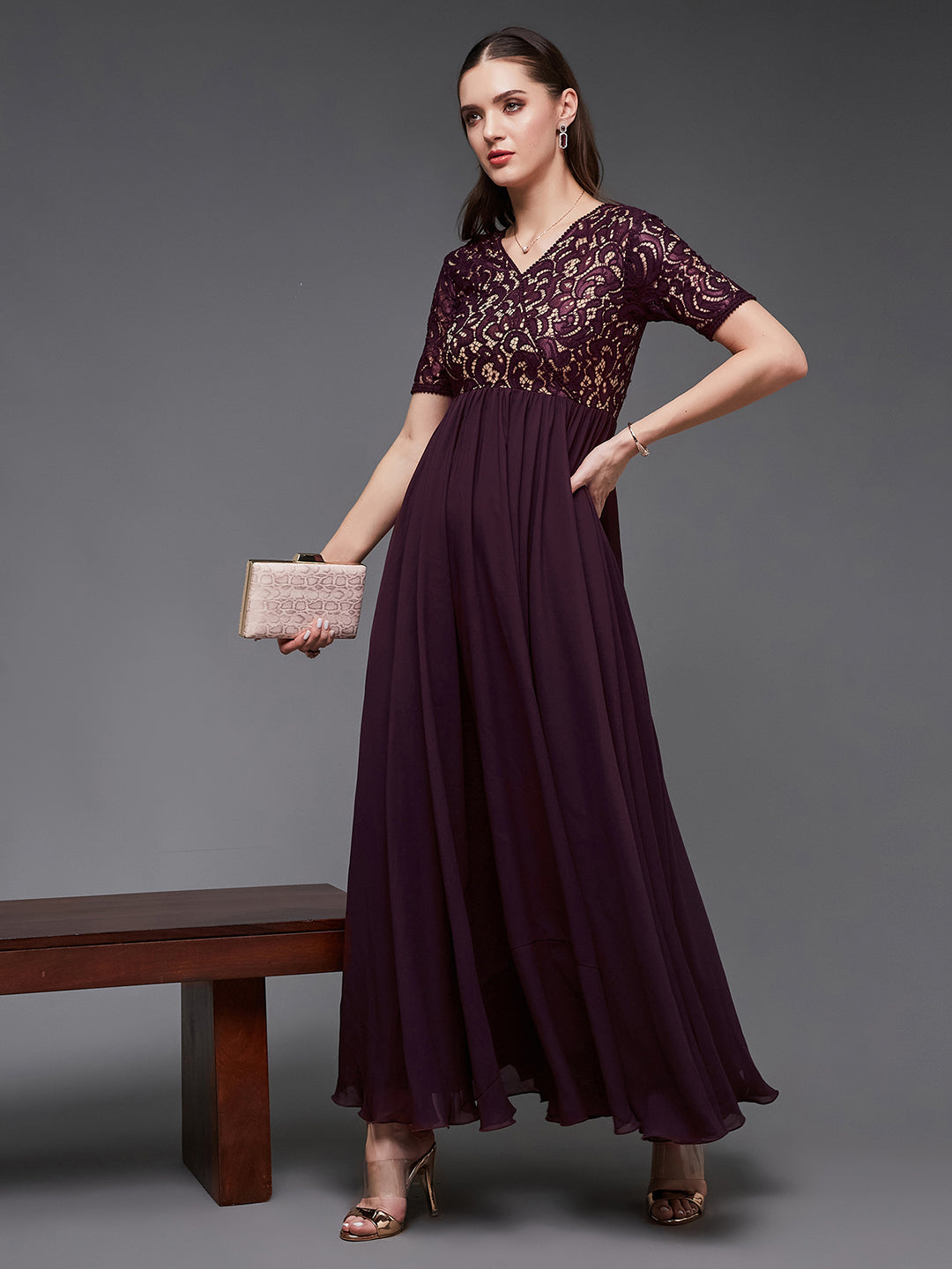 Wine V-Neck Half Sleeve Self Designed Wrap Georgette Maxi Dress for Women — Miss Chase