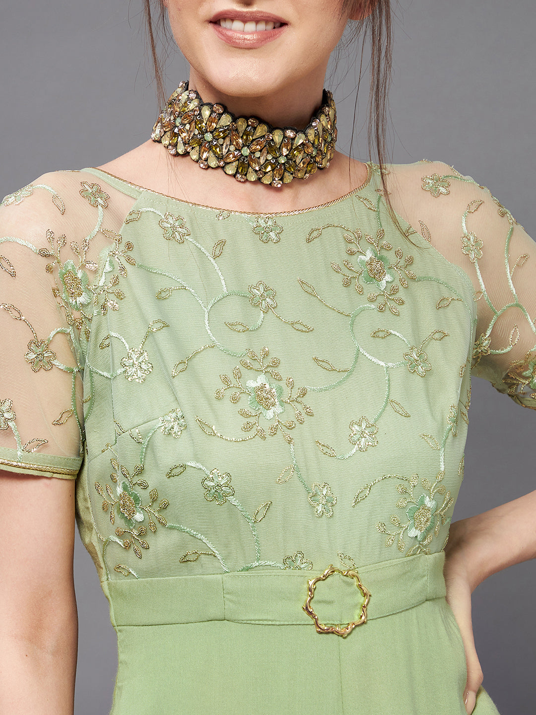 Women's Light Green Round Neck Raglan Viscose Rayon Embroidered Straight Leg Regular Jumpsuit