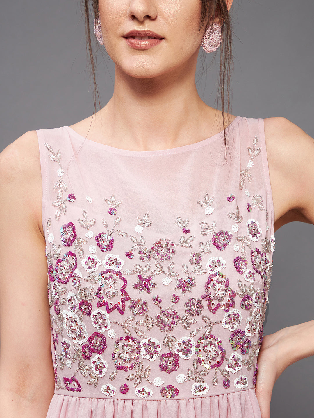 Light Pink Sleeveless Fit and Flare Sequinned Maxi Dress Long Dress Frock for Women