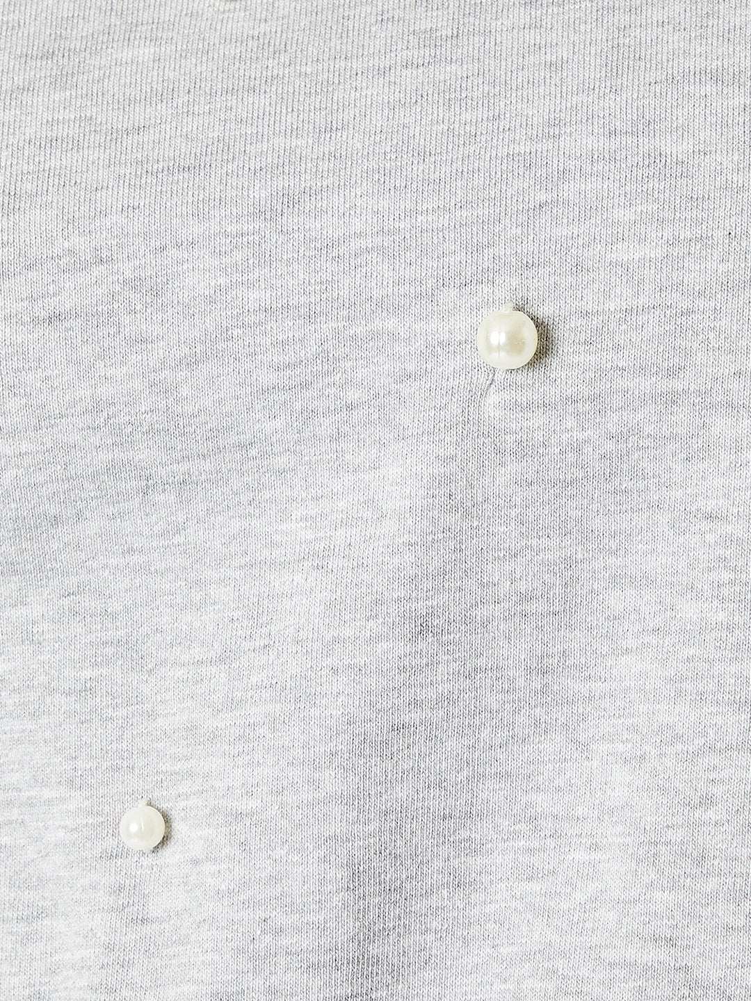 Women's Grey Round Neck Full Sleeve Cotton Solid Pearl Detailing Boxy Crop Top