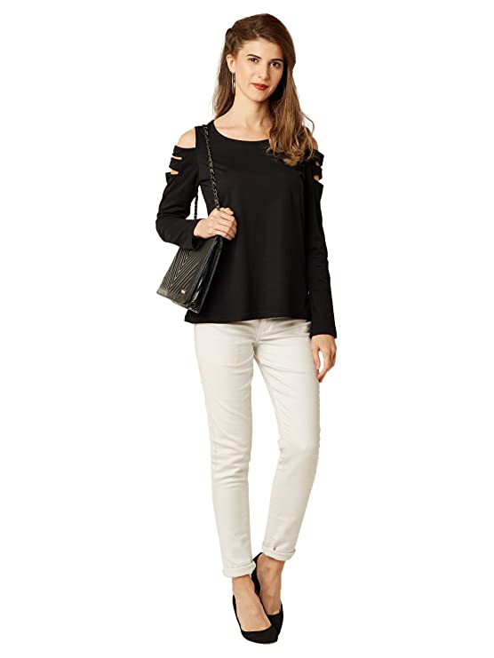 Women's Black Cotton Round Neck Full Sleeve Solid Cut-Out Top