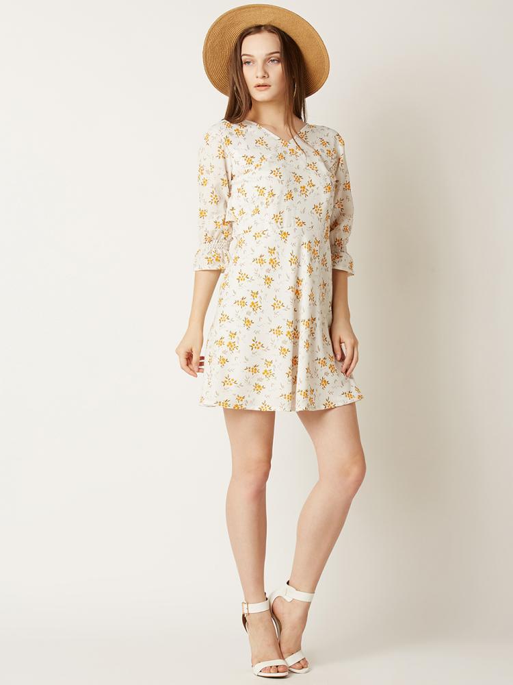 Multicolored V-Neck 3/4 Sleeve Floral Ruffled Mini Skater Dress for Women