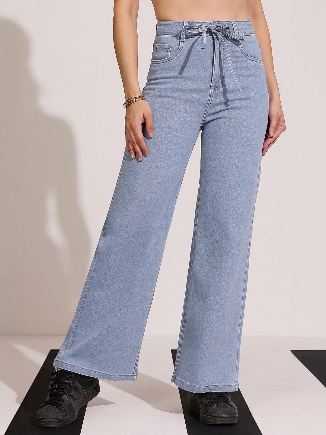 Women's Light Blue High-Rise Wide Leg Stretch Denim Jeans with Tie-Up Waist