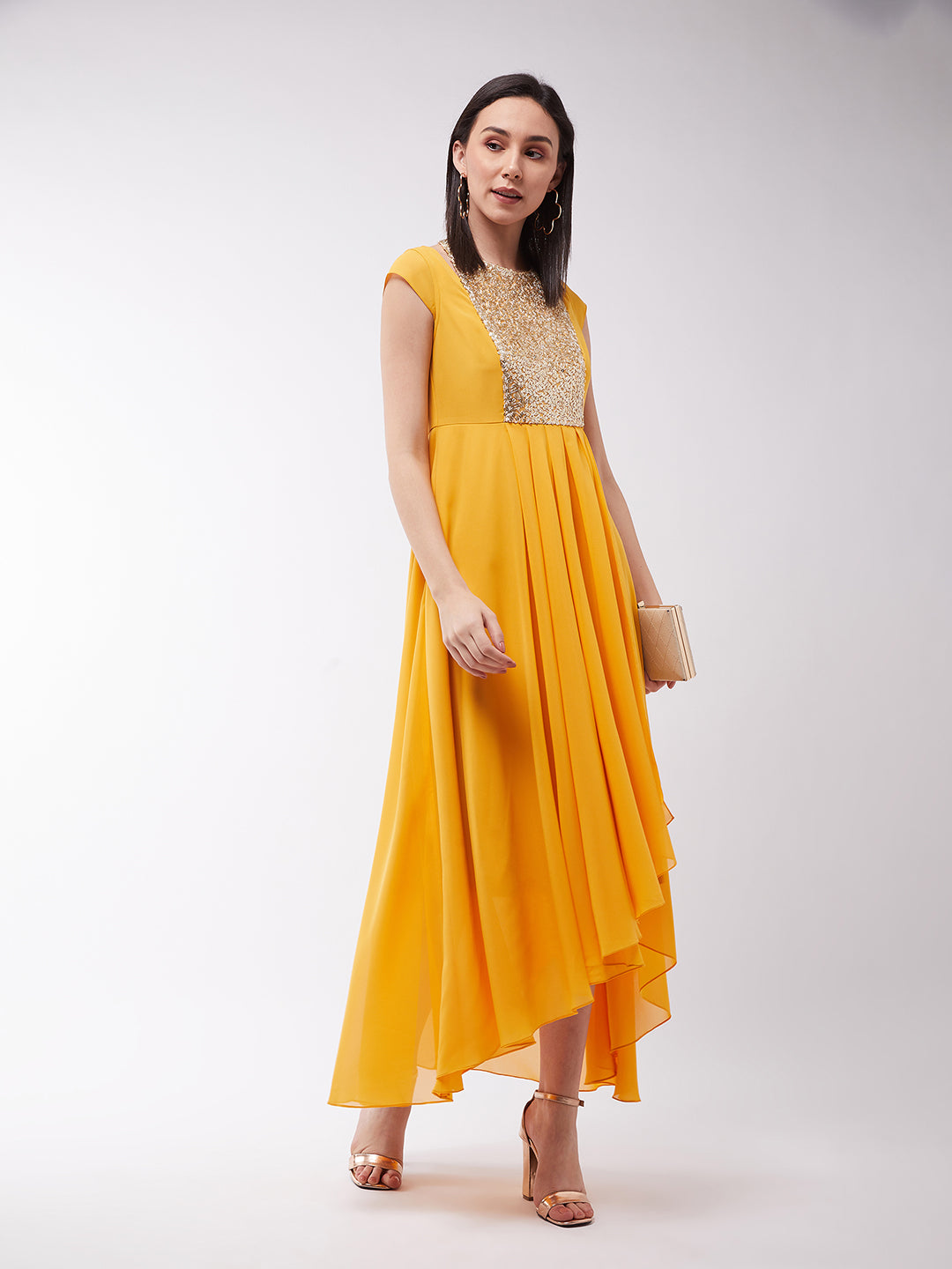 Women's Mustard Round neck Cap Sleeve Solid Embellished Maxi Dress