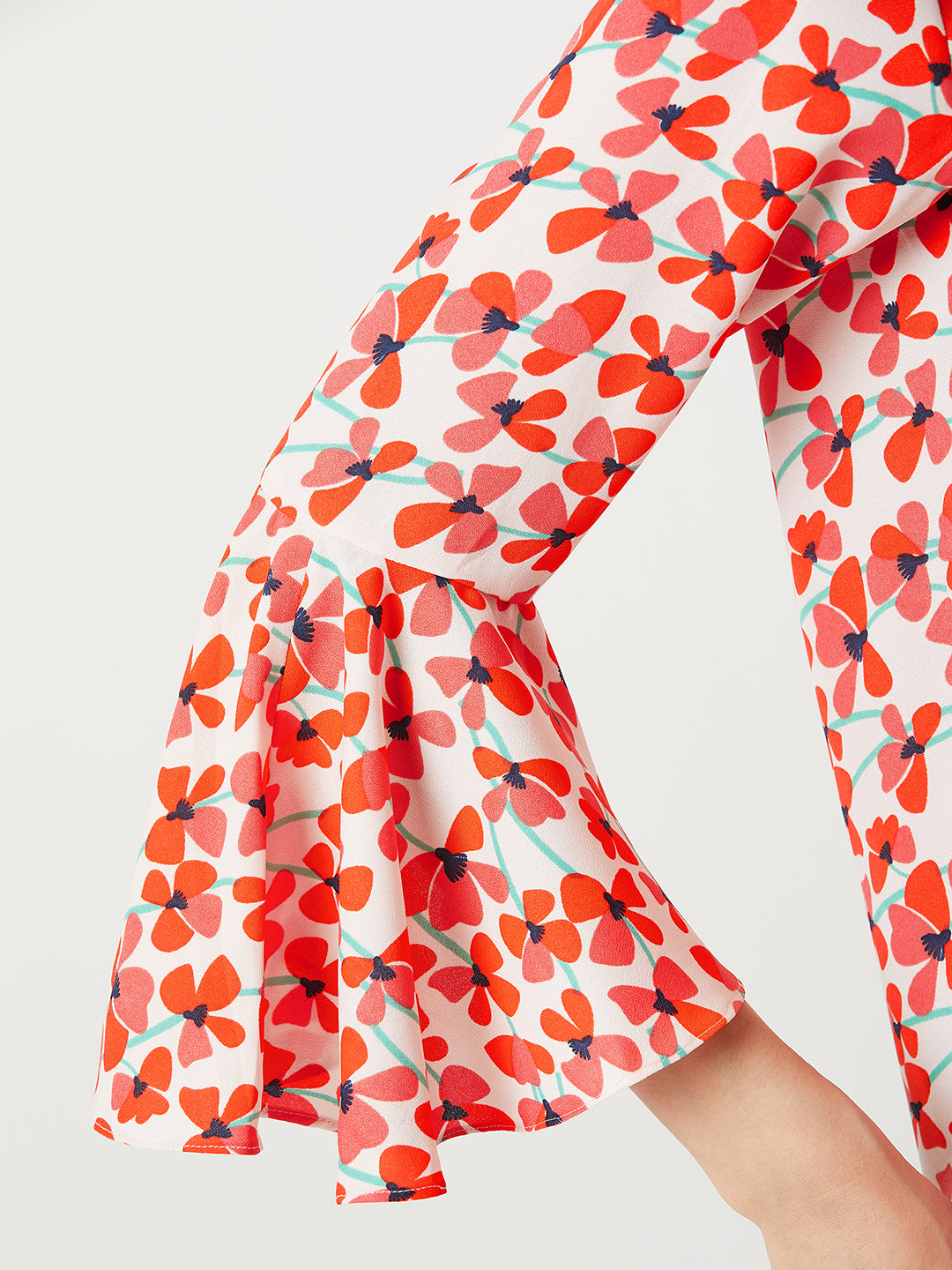 Women's Multicolored With A White Base Round Neck 3/4 Sleeve Ruffled Floral Top