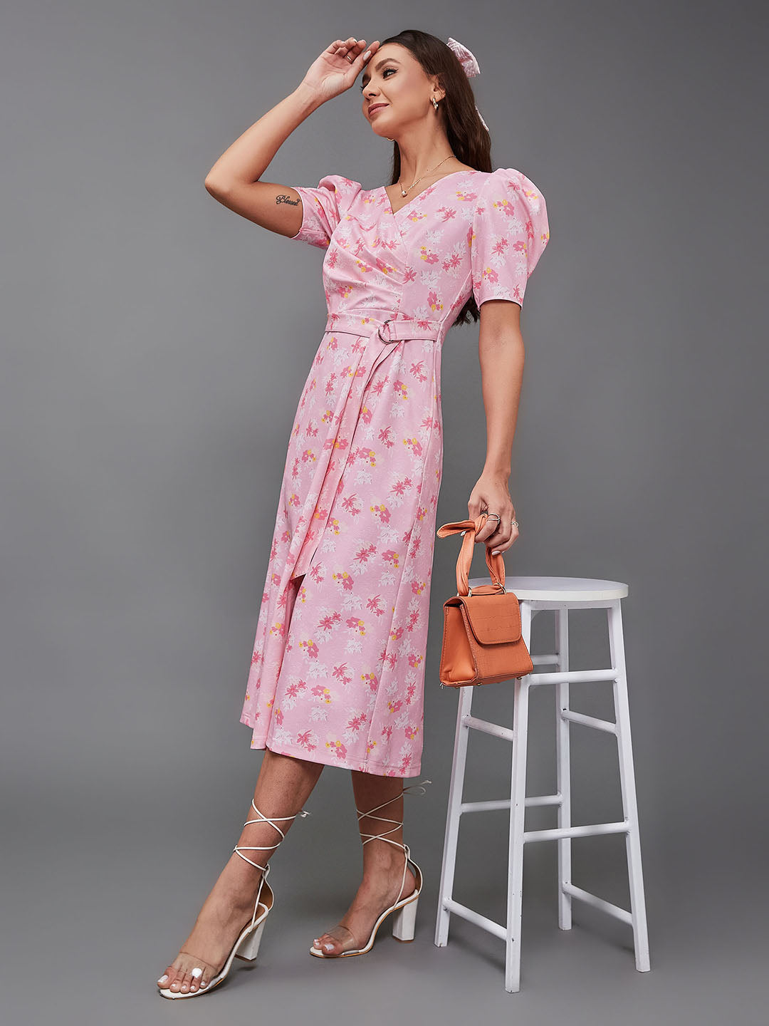 Crease Ease Women's Multicolored-Base-Pink V-neck Puff Sleeve Floral Wrap Midi Dress