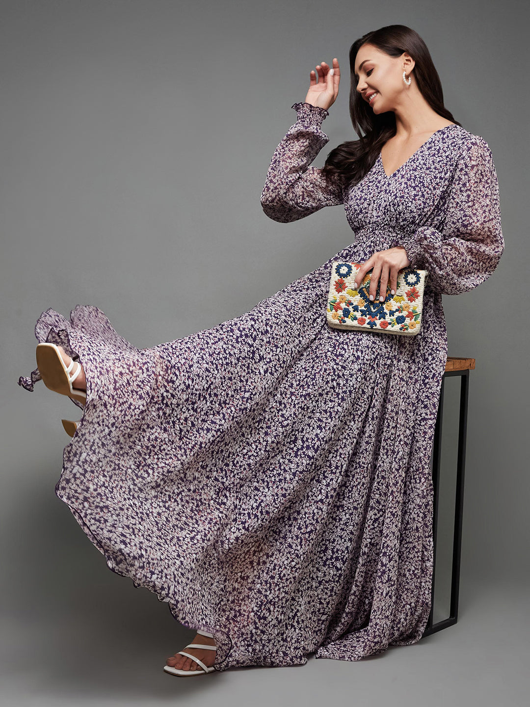 Women's Multicolored-Base-Purple V-Neck Bishop Sleeve Floral Gathered Chiffon Maxi Dress