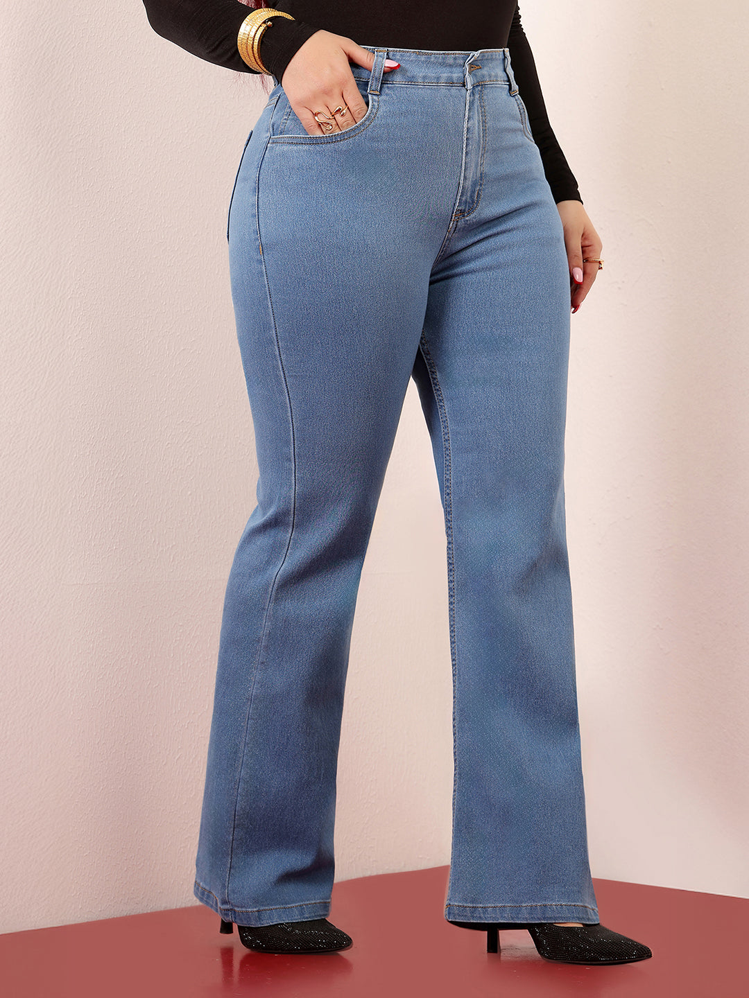 Women's Light Blue Bootcut High-Rise Clean-Look Stretchable Denim Jeans
